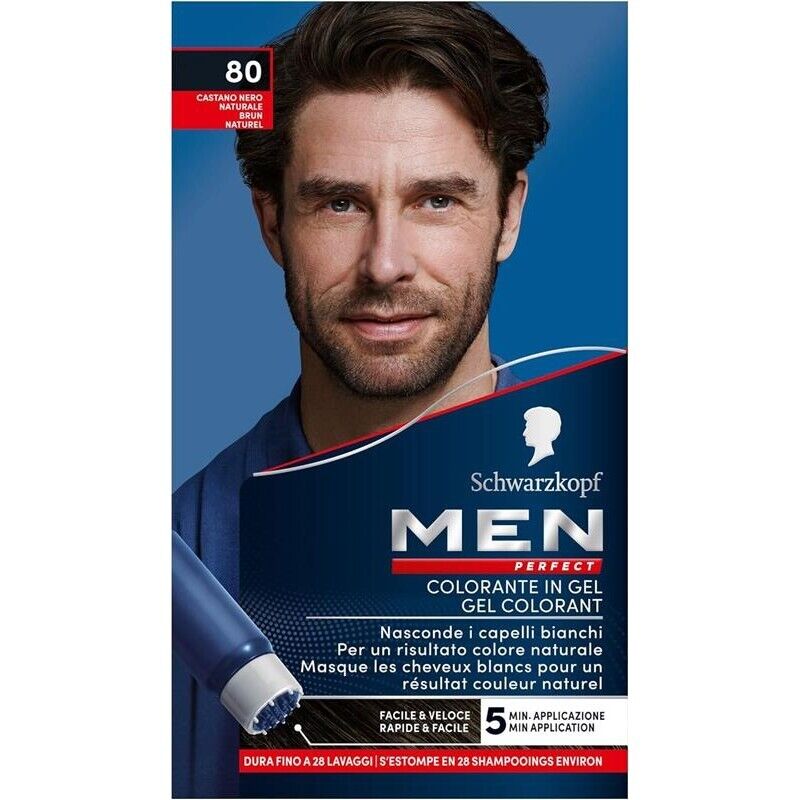 SCHWARZKOPF MEN PERFECT TINTA PER CAPELLI GEL PER UOMO EFFETTO NATURALE DURA 28 SHAMPOO N 80 CASTANO NERO NATURALE