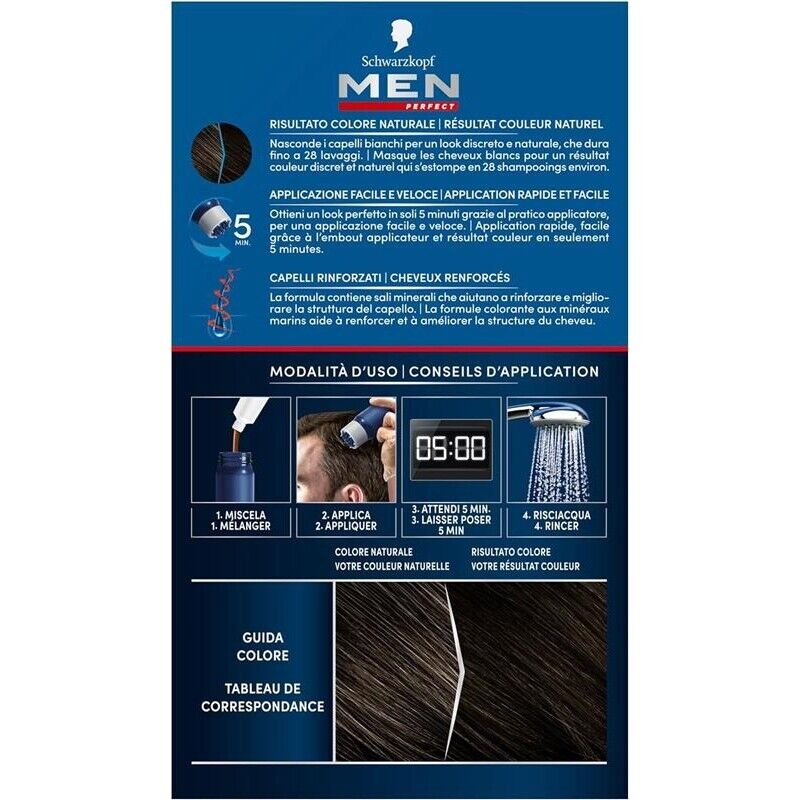 SCHWARZKOPF MEN PERFECT TINTA PER CAPELLI GEL PER UOMO EFFETTO NATURALE DURA 28 SHAMPOO N 80 CASTANO NERO NATURALE