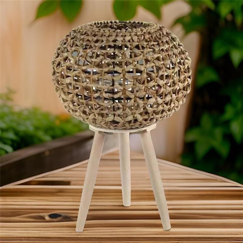 LANTERNA PORTACANDELA NATURALE TONDA STRUTTURA IN METALLO CON INTRECCIO IN BAMBÙ E BICCHIERE IN VETRO 26X34 CM