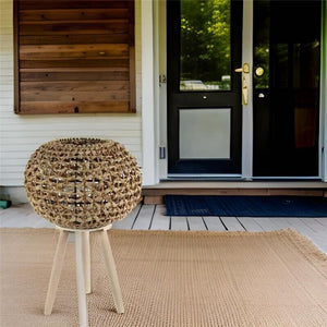 LANTERNA PORTACANDELA NATURALE TONDA STRUTTURA IN METALLO CON INTRECCIO IN BAMBÙ E BICCHIERE IN VETRO 26X34 CM