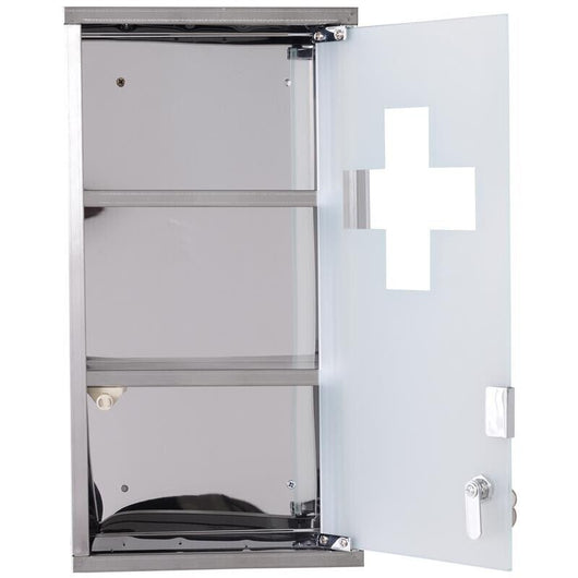 ARMADIETTO PORTA MEDICINALI IN VETRO IN ACCIAIO PORTA E 2 CHIAVI PRONTO SOCCORSO CASSETTA MEDICINE 48X25CM