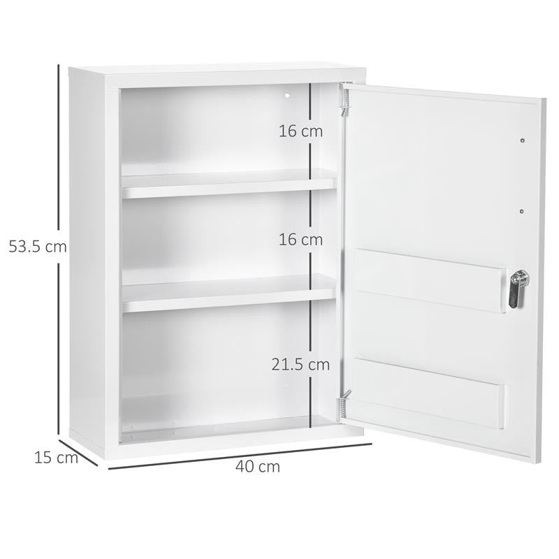 ARMADIETTO MEDICINALI A 3 RIPIANI CON SERRATURA E 2 CHIAVI, IN ACCIAIO, 40X15X53.5 CM, BIANCO