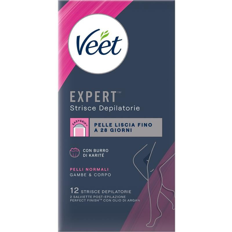 VEET EXPERT STRISCE DEPILATORIE 12PZ GAMBE & CORPO PER PELLI NORMALI CON BURRO DI KARITÈ