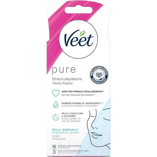 VEET PURE STRISCE DEPILATORIE VISO IPOALLERGENICHE CERETTA BAFFETTI E VISO DERMATOLOGICAMENTE TESTATE 16 STRISCE OKX
