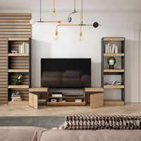 Mobile TV, Soggiorno, 320x35x186cm, Per TV fino a 80", Set di mobili, colore Rovere e nero RF2603