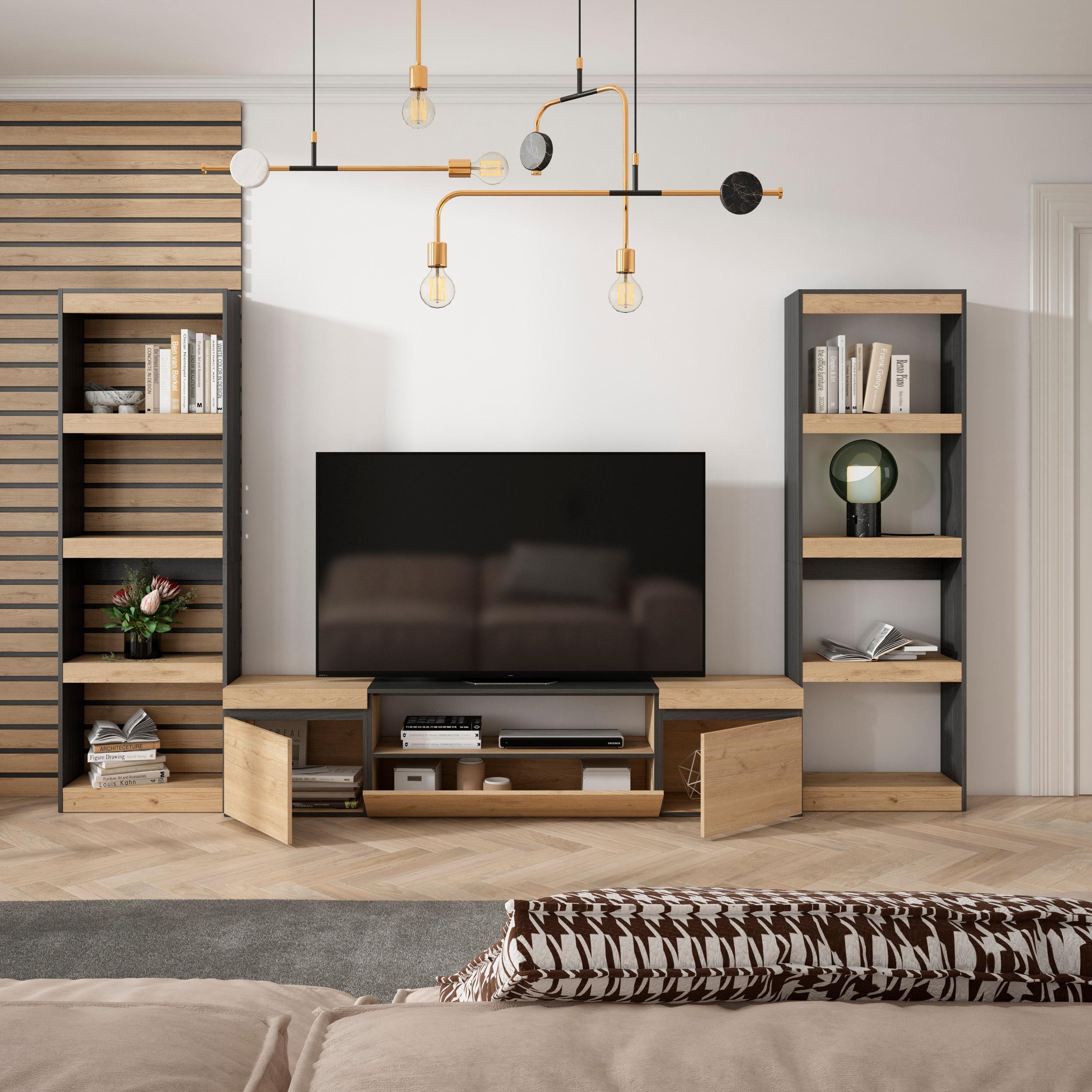 Mobile TV, Soggiorno, 320x35x186cm, Per TV fino a 80", Set di mobili, colore Rovere e nero RF2603