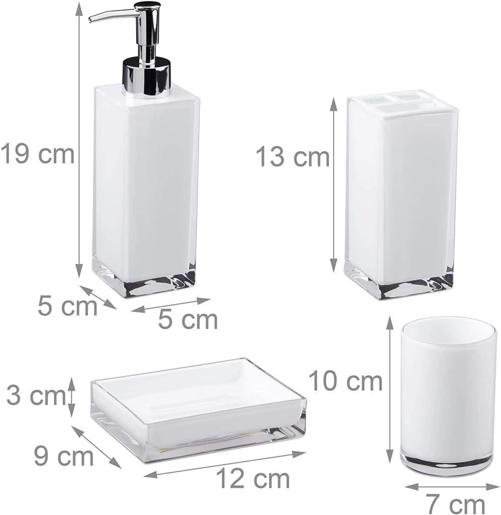 Set accessori bagno 4 pezzi dispenser sapone bicchiere portasapone spazzolino bianco plastica 13_0002462