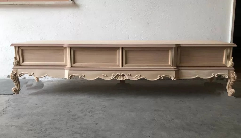 Porta tv 4 cassetti classico barocco legno grezzo 220x55x51 - Mobili 2G