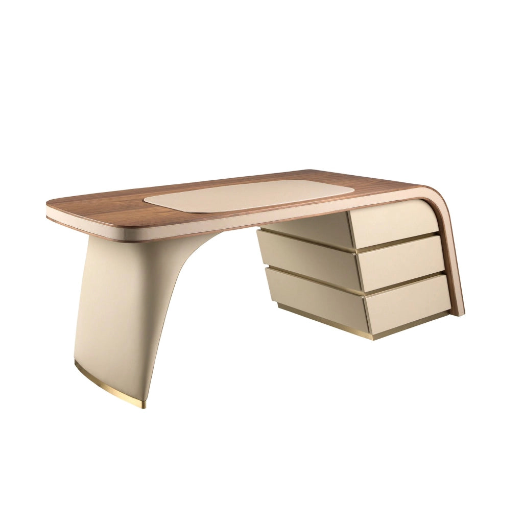 Scrivania in noce e legno rivestita in similpelle crema