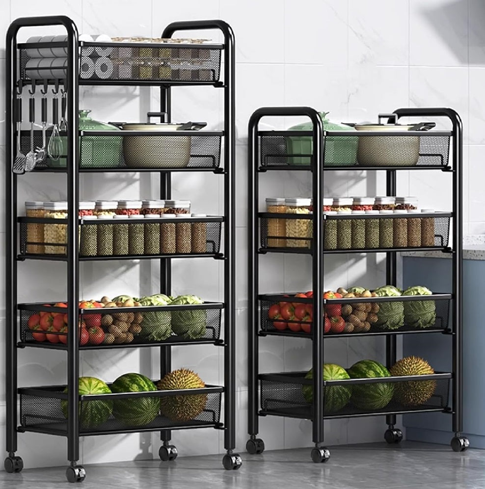 Carrello da Cucina Multiuso in Metallo Portaoggetti 5Ripiani 44x26 H 104cm Nero