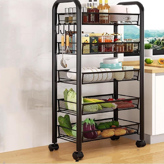 Carrello da Cucina Multiuso in Metallo Portaoggetti 5Ripiani 44x26 H 104cm Nero