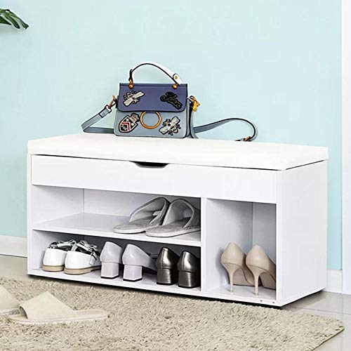 Panca Scarpiera Casa Multiuso Porta Scarpe Cuscino Eco Pelle Bianco 104x29.5x49cm