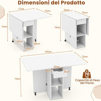 Tavolo da Pranzo Pieghevole Salvaspazio Bianco 2 Ruote Casa Ufficio 120x77x75cm