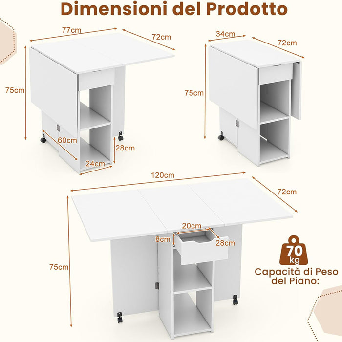 Tavolo da Pranzo Pieghevole Salvaspazio Bianco 2 Ruote Casa Ufficio 120x77x75cm