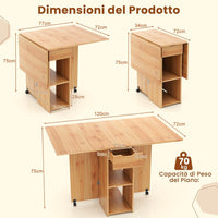 Tavolo da Pranzo Pieghevole Salvaspazio Legno 2 Ruote Casa Ufficio 120x77x75cm