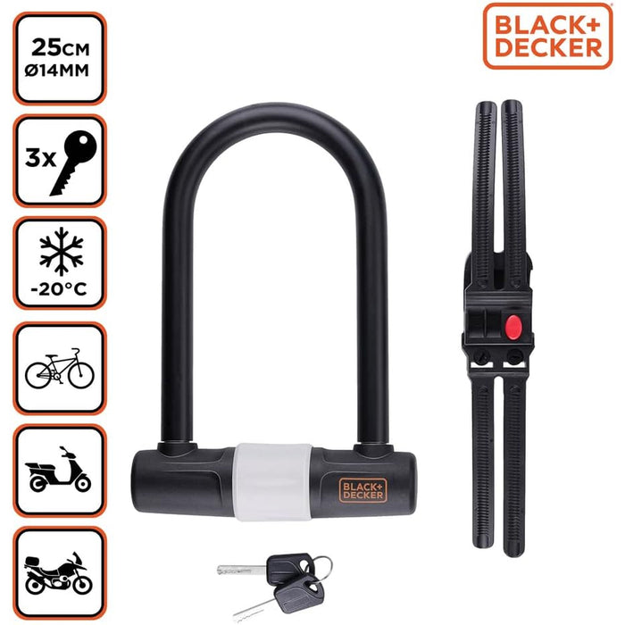 BLACK+DECKER Lucchetto a Leva Forma U per Bicicletta Scooter Moto con 3 Chiavi
