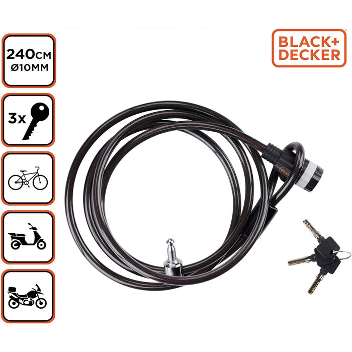 BLACK+DECKER Lucchetto a Cavo per Bicicletta Moto e Scooter Lunghezza 240 cm