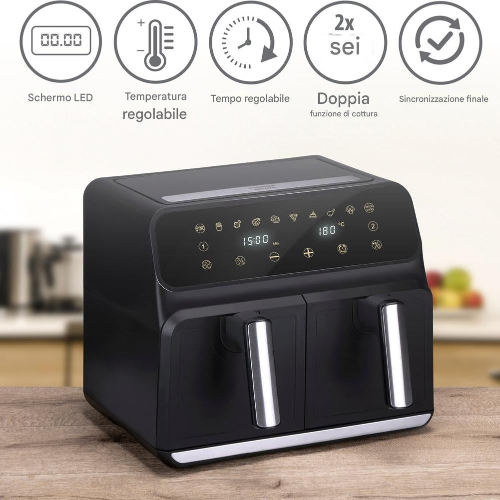Double Air Fryer Friggitrice Aria Calda 8 L  Display Digitale 1700W Sync Finish