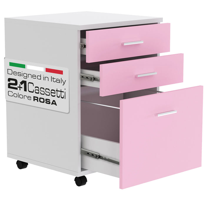 Cassettiera Scrivania Ufficio Mobiletto 3 Cassetti e Ruote Girevoli per Stampante Rosa