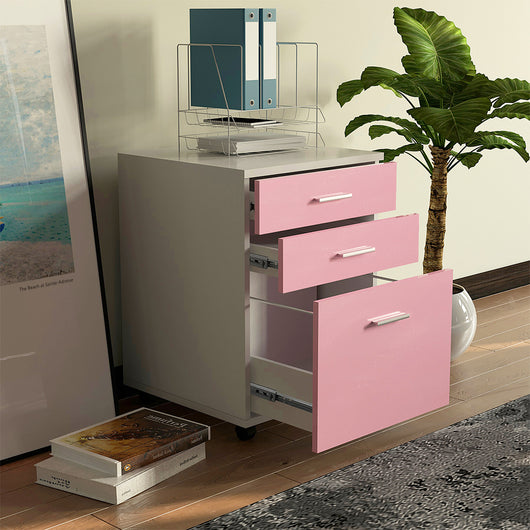 Cassettiera Scrivania Ufficio Mobiletto 3 Cassetti e Ruote Girevoli per Stampante Rosa