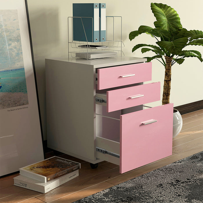 Cassettiera Scrivania Ufficio Mobiletto 3 Cassetti e Ruote Girevoli per Stampante Rosa