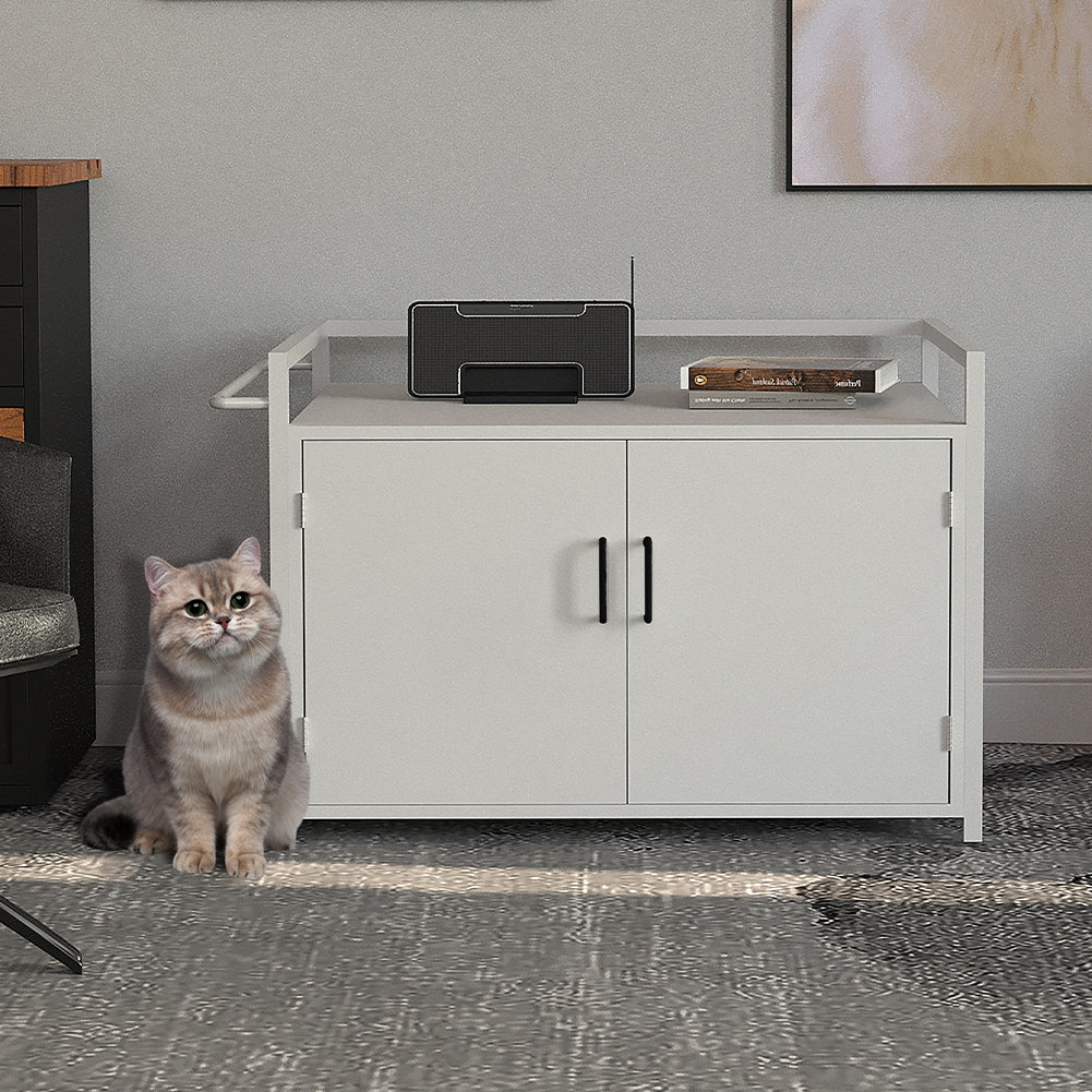 Mobile Lettiera per Gatti Bianco con 2Ante Chiusura Magnetica e Ingresso Laterale