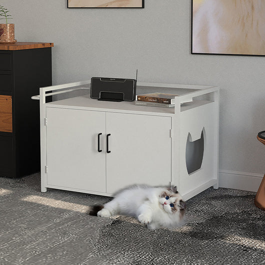 Mobile Lettiera per Gatti Bianco con 2Ante Chiusura Magnetica e Ingresso Laterale