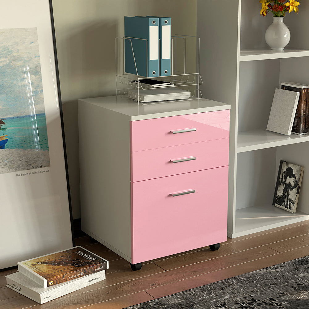 Cassettiera Scrivania Ufficio Mobiletto 3 Cassetti e Ruote Girevoli per Stampante Rosa