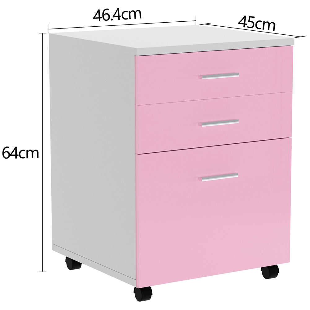 Cassettiera Scrivania Ufficio Mobiletto 3 Cassetti e Ruote Girevoli per Stampante Rosa