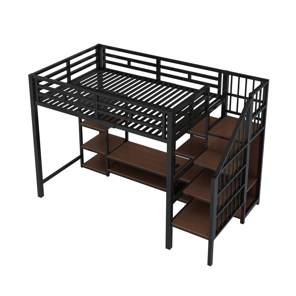 OKWISH Letto a soppalco 90×200 cm, Letto Singolo con Mobile TV, Presa, Scala contenitore e Spondina, senza Materasso, Nero