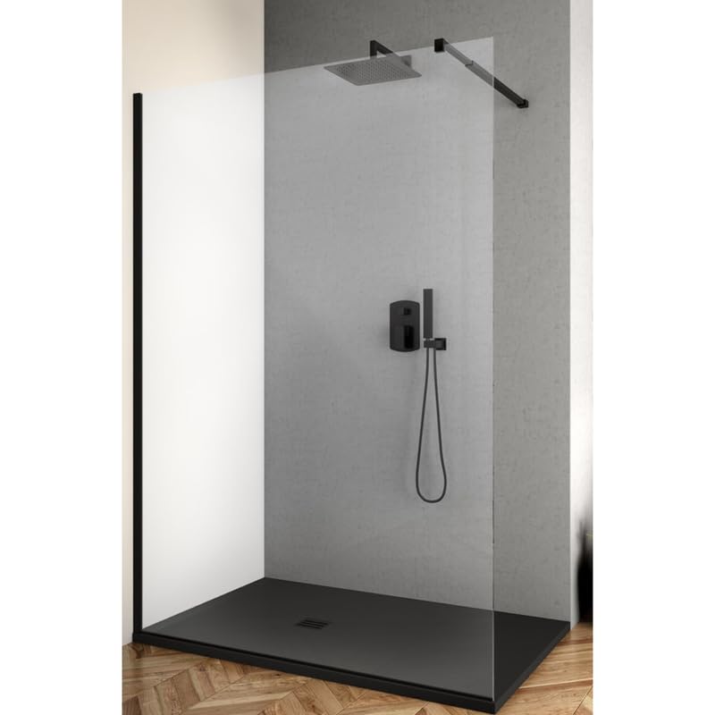 IMPALLI Box Doccia Walk In H200 CM Estensibile 128,5-130 Cm Reversibile Cabina Doccia Anticalcare Cristallo Trasparente Temperato 8 Mm Bracci Estensibili (NERO OPACO 130)