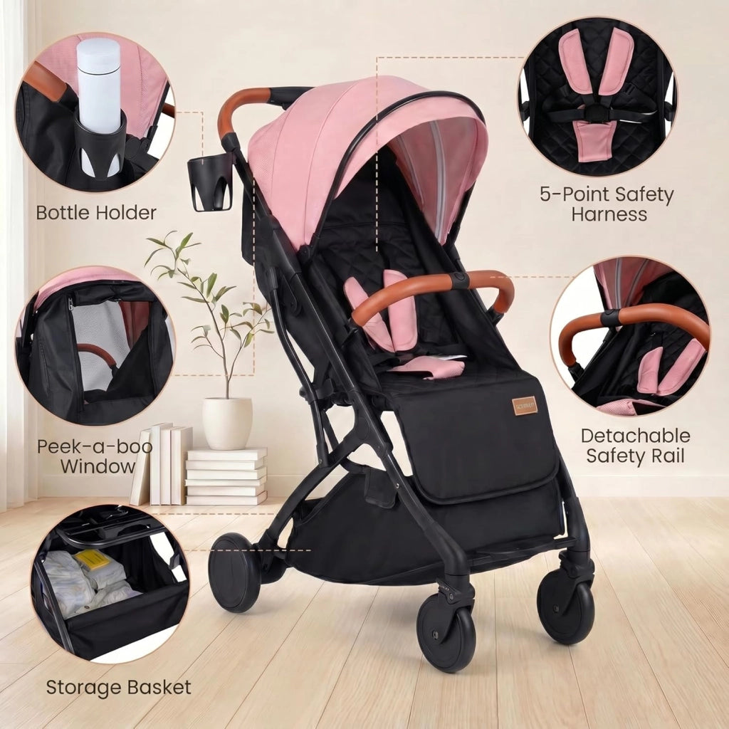 Passeggino Leggero per Bambini e Neonati, Passeggino Pieghevole e Portatile con Ruote, Schienale Regolabile, Tettuccio, Cintura di Sicurezza, Cesto e Copertura Antipioggia (Rosa)