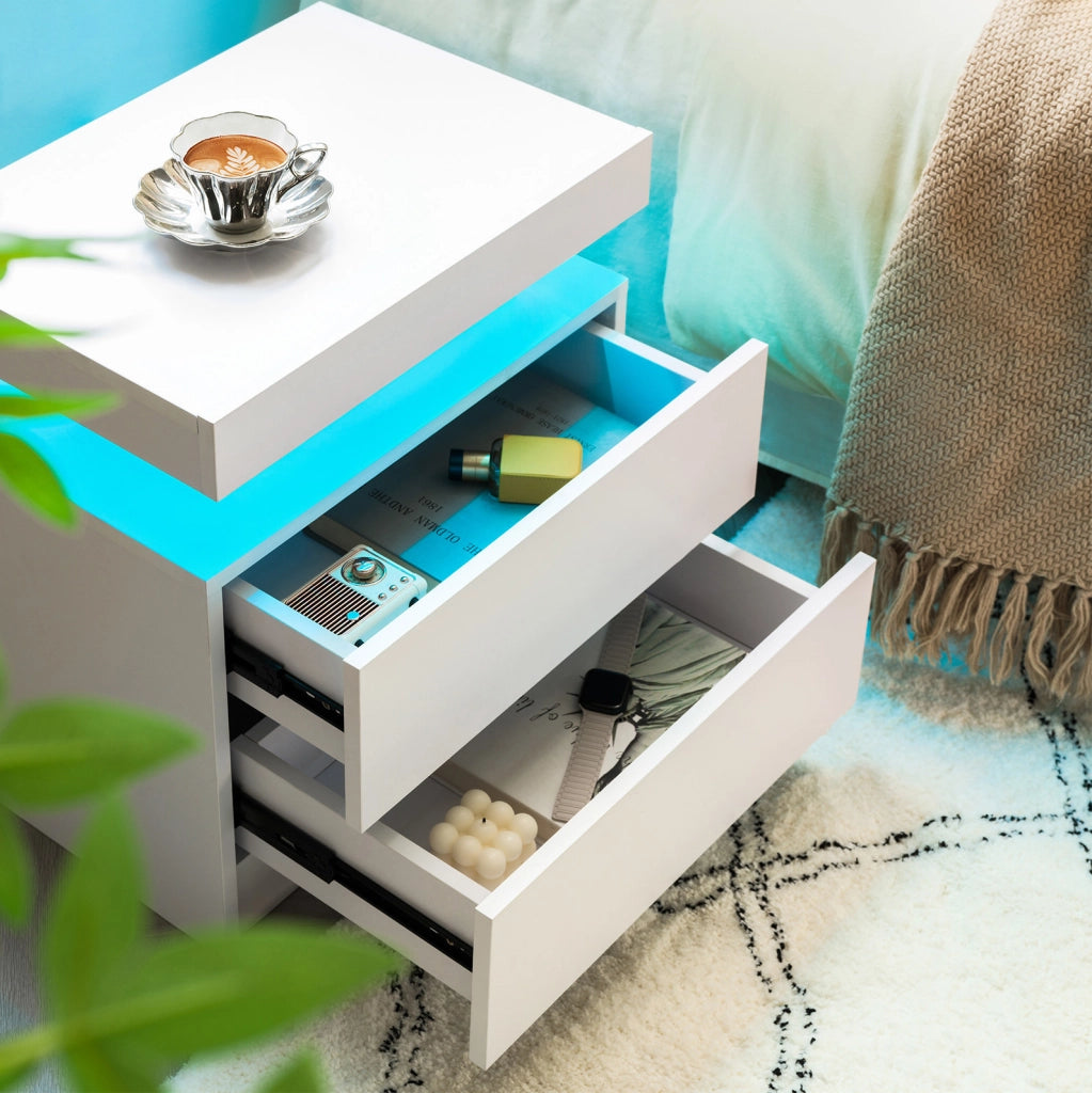 Comodino Moderno con Luci LED Regolabili e 2 Cassetti, Bianco