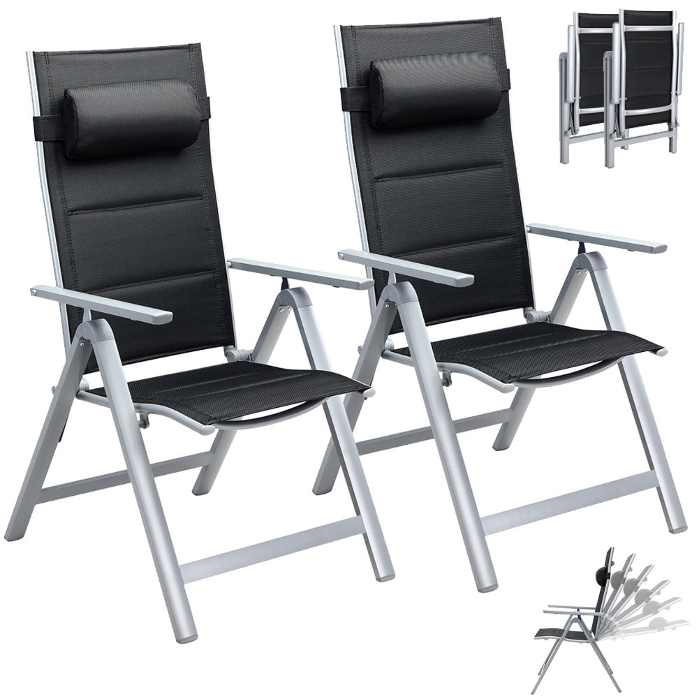 Set 2 Sedie da Giardino Alluminio Schienale Alto Imbottite Pieghevoli Nere
