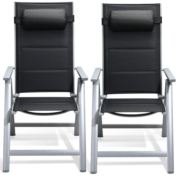 Set 2 Sedie da Giardino Alluminio Schienale Alto Imbottite Pieghevoli Nere