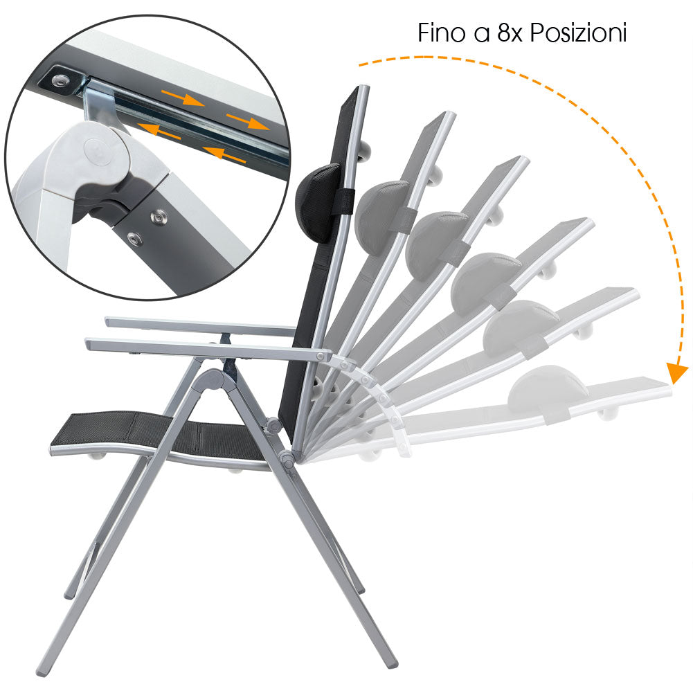 Set 2 Sedie da Giardino Alluminio Schienale Alto Imbottite Pieghevoli Nere