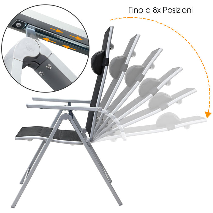 Set 2 Sedie da Giardino Alluminio Schienale Alto Imbottite Pieghevoli Nere