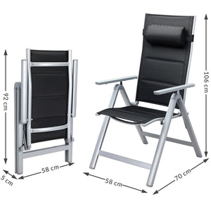 Set 2 Sedie da Giardino Alluminio Schienale Alto Imbottite Pieghevoli Nere