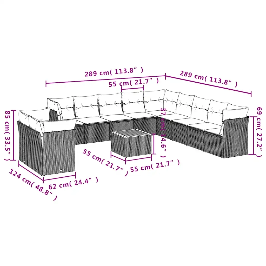 Set Divani da Giardino 12 pz con Cuscini Grigio in Polyrattan
