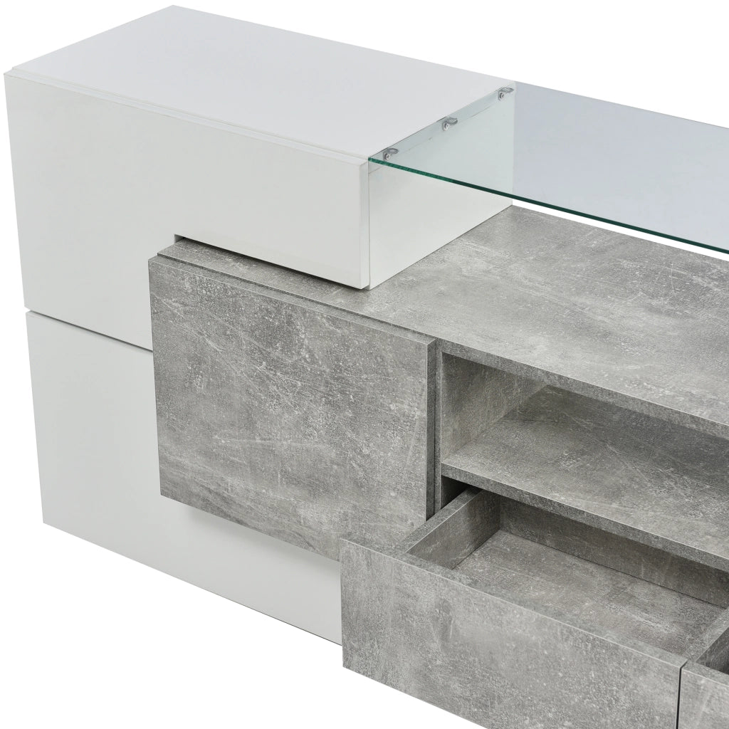 OKWISH Mobile TV con 6 Ante, 2 Cassetti e 3 Vani, LED, MDF, Bianco Lucido e Grigio Cemento, 200 x 35 x 60 cm
