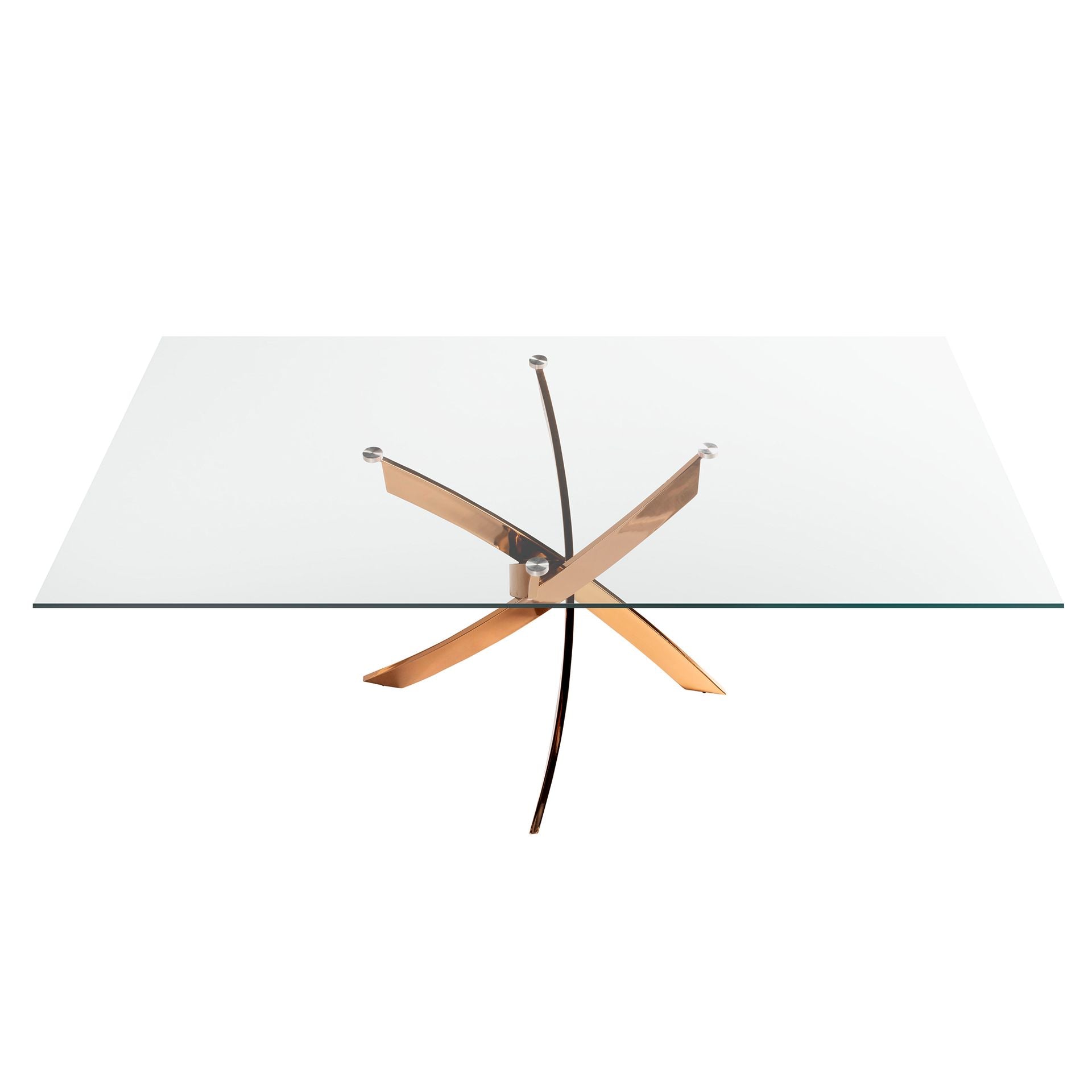 Tavolo da pranzo rettangolare in vetro temperato e acciaio rosa