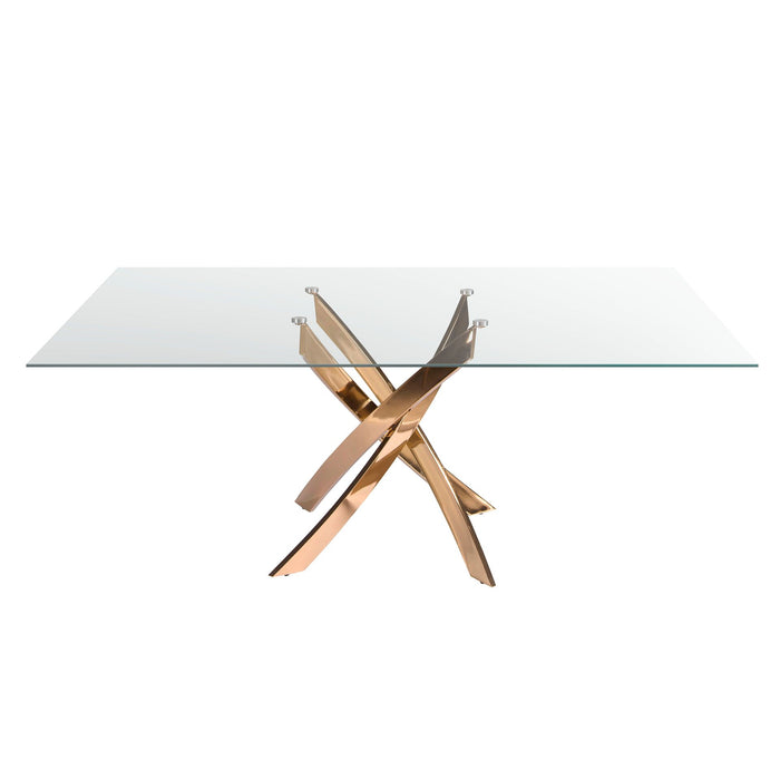 Tavolo da pranzo rettangolare in vetro temperato e acciaio rosa