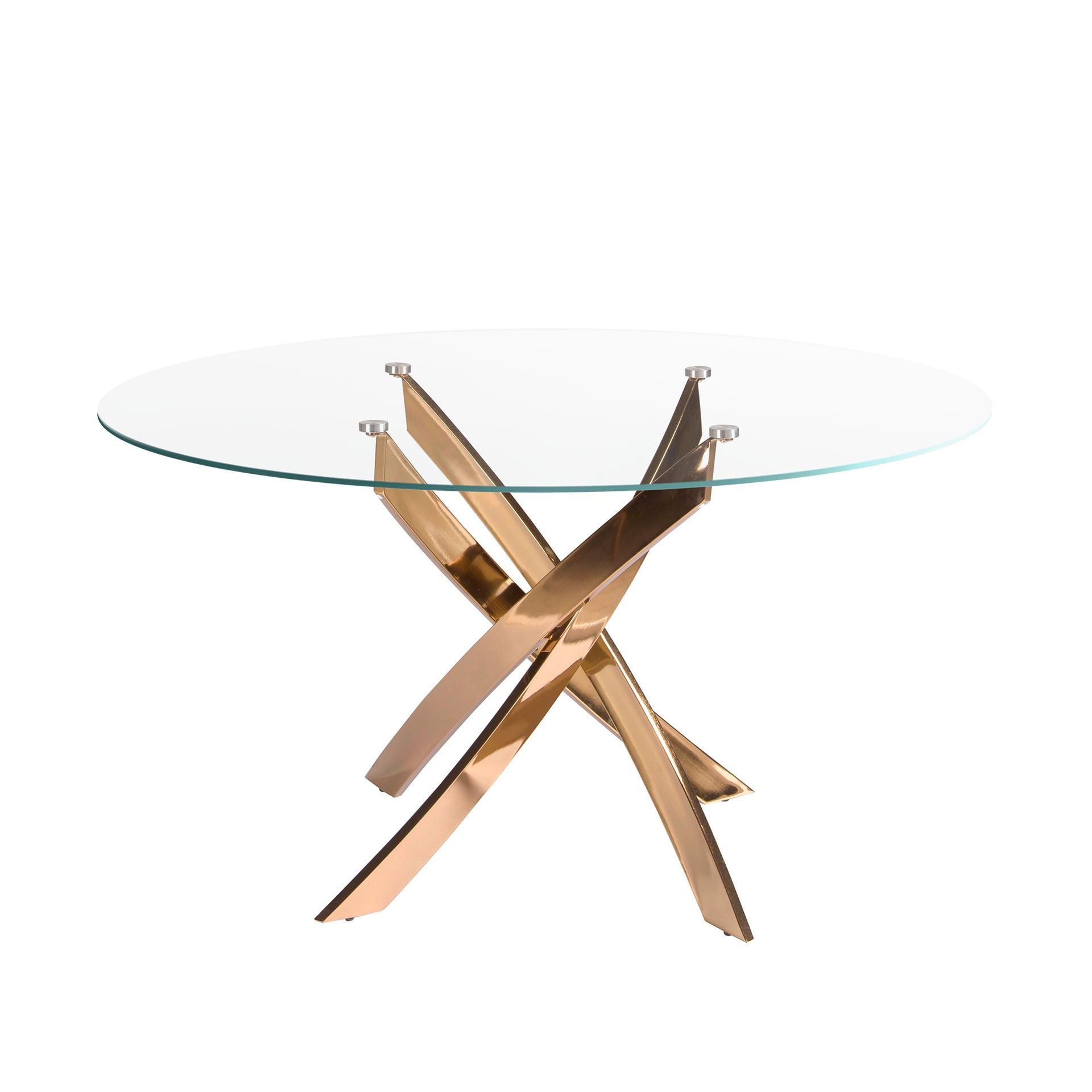 Tavolo da pranzo rotondo in vetro temperato e acciaio rosa