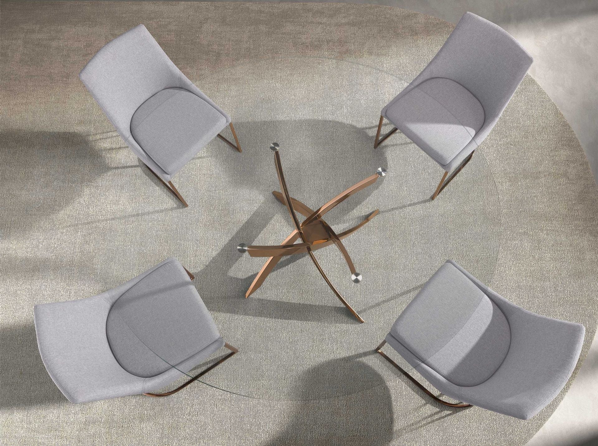 Tavolo da pranzo rotondo in vetro temperato e acciaio rosa