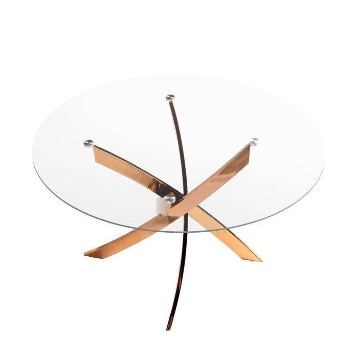 Tavolo da pranzo rotondo in vetro temperato e acciaio rosa