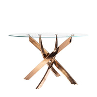 Tavolo da pranzo rotondo in vetro temperato e acciaio rosa