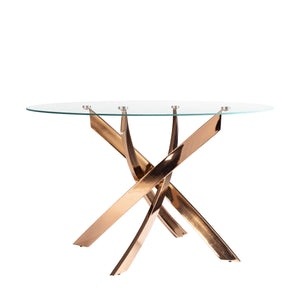 Tavolo da pranzo rotondo in vetro temperato e acciaio rosa