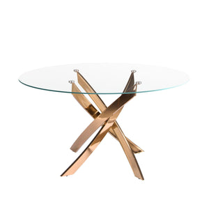 Tavolo da pranzo rotondo in vetro temperato e acciaio rosa