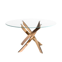 Tavolo da pranzo rotondo in vetro temperato e acciaio rosa