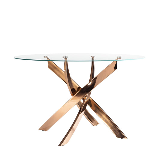 Tavolo da pranzo rotondo in vetro temperato e acciaio rosa